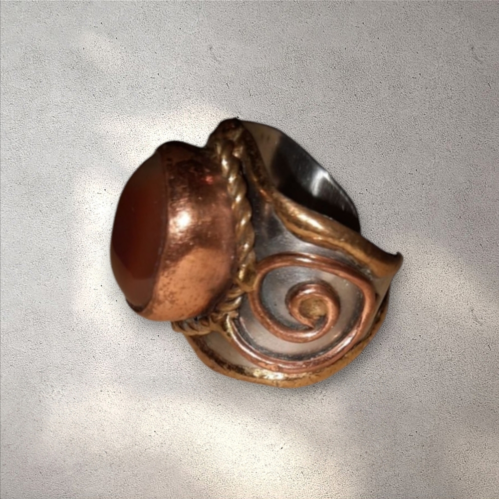 Handcrafted Copper and Silver Swirl Ring with Brown Stone